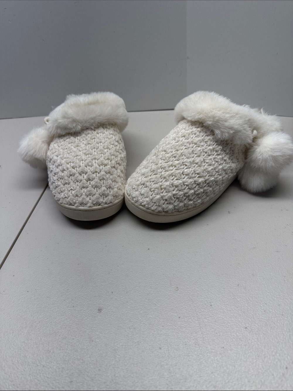 Cuddl Duds Cream Knit Pom-Pom Kids Slip-On Slippers